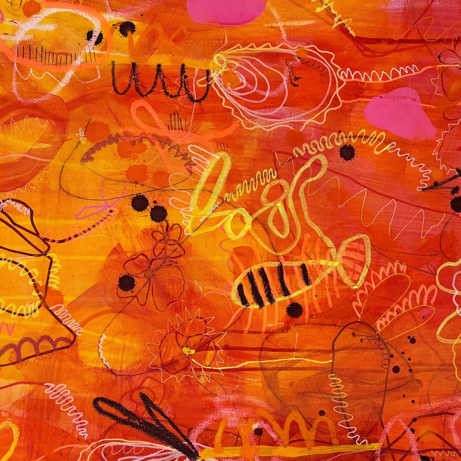 Bright, colorful abstract painting titled "She's Still In There" by Marisa Gouda, capturing childhood wonder.
