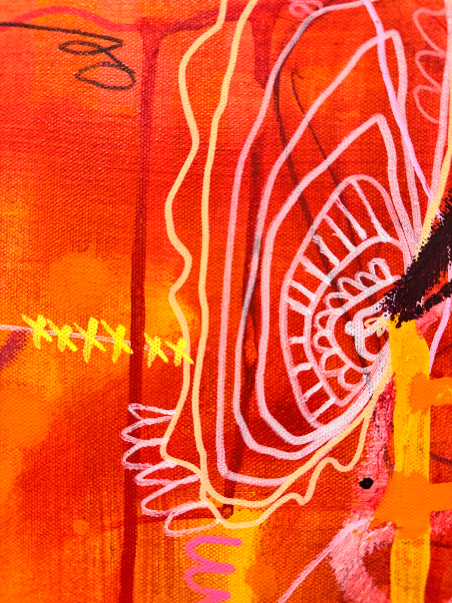 Bright, colorful abstract painting titled "She's Still In There" by Marisa Gouda, capturing childhood wonder.