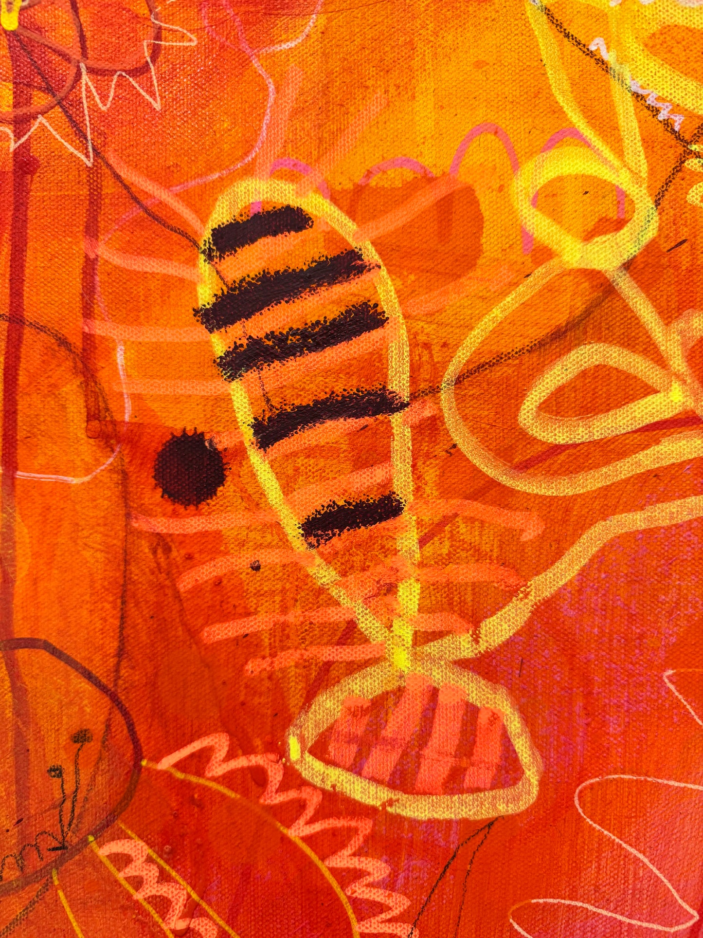 Bright, colorful abstract painting titled "She's Still In There" by Marisa Gouda, capturing childhood wonder.