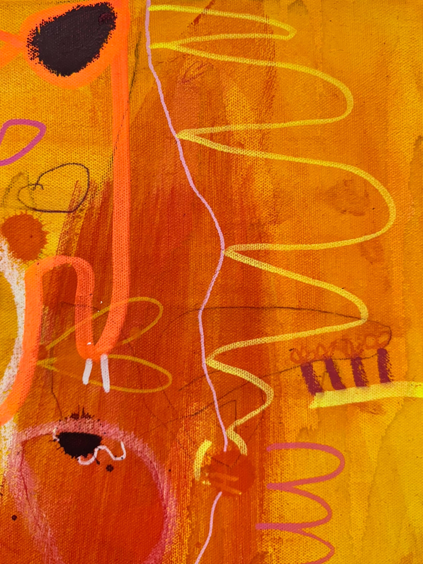 Bright, colorful abstract painting titled "She's Still In There" by Marisa Gouda, capturing childhood wonder.