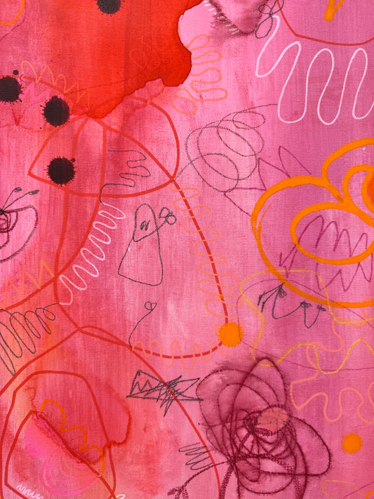 Playful and vivid abstract painting titled "Permission Not Required" by Marisa Gouda, inspired by inner freedom.