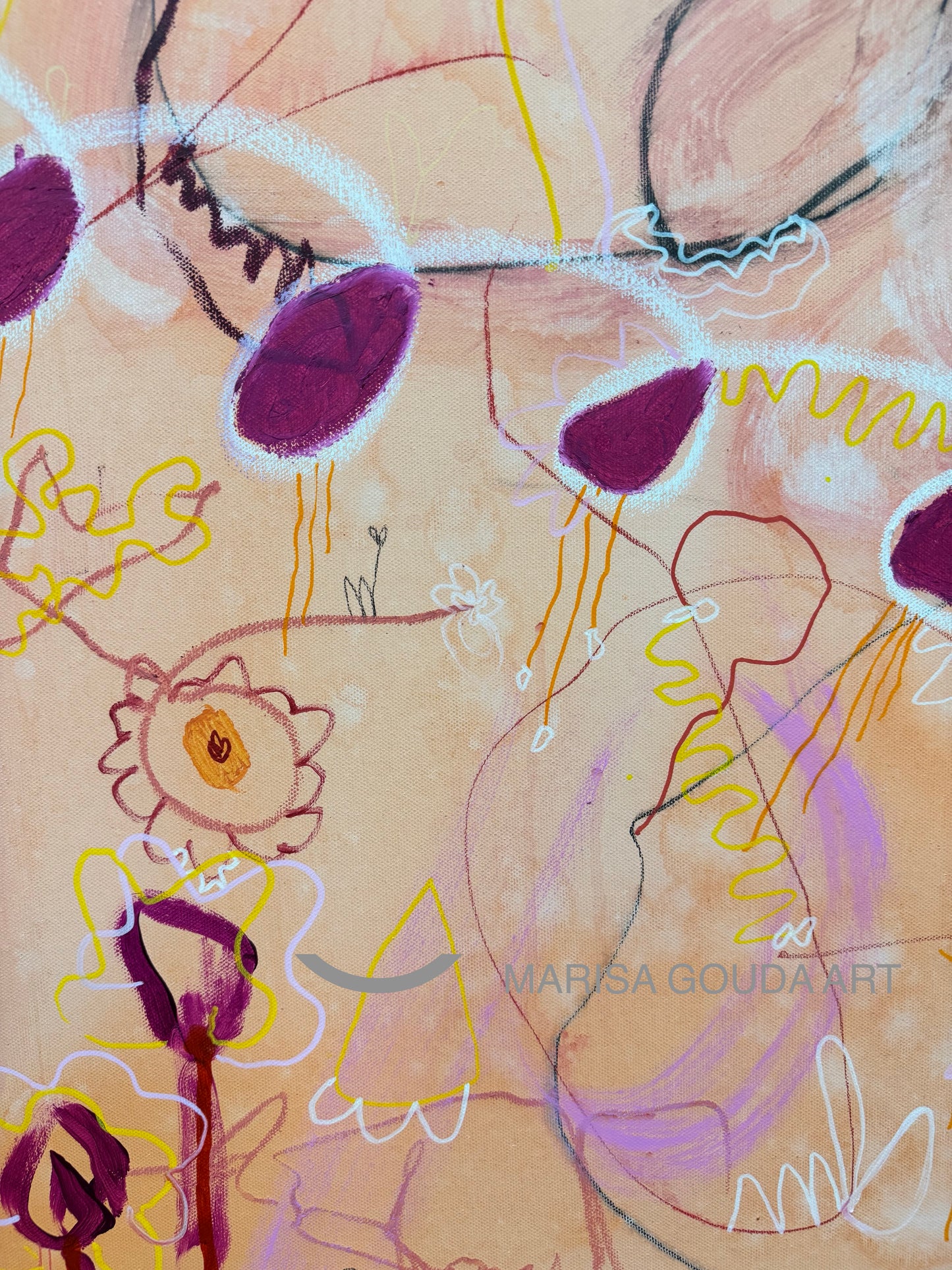 Abstract mixed media artwork titled "But Louder This Time" by Marisa Gouda, vibrant and expressive.