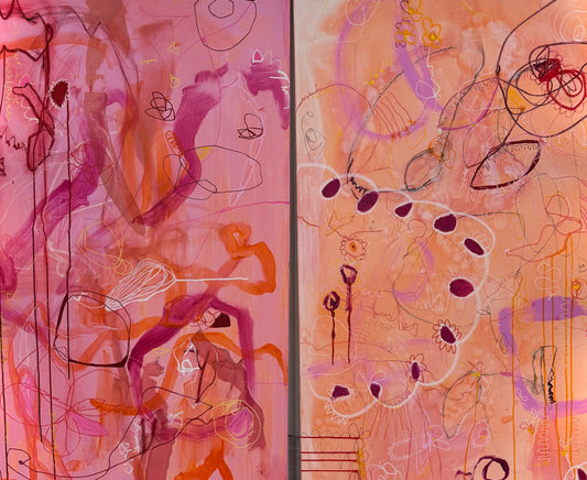 Abstract mixed media artwork diptych titled "Say That Again" and "But Louder This Time" by Marisa Gouda, bold and energetic.