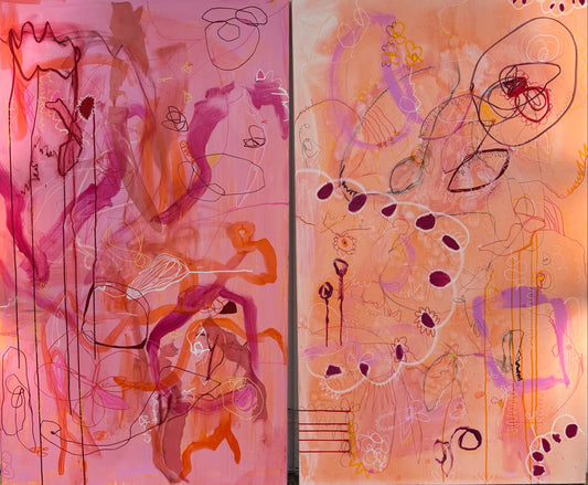 Abstract mixed media artworks titled "say That Again" and "But Louder This Time" by Marisa Gouda, vibrant and expressive.