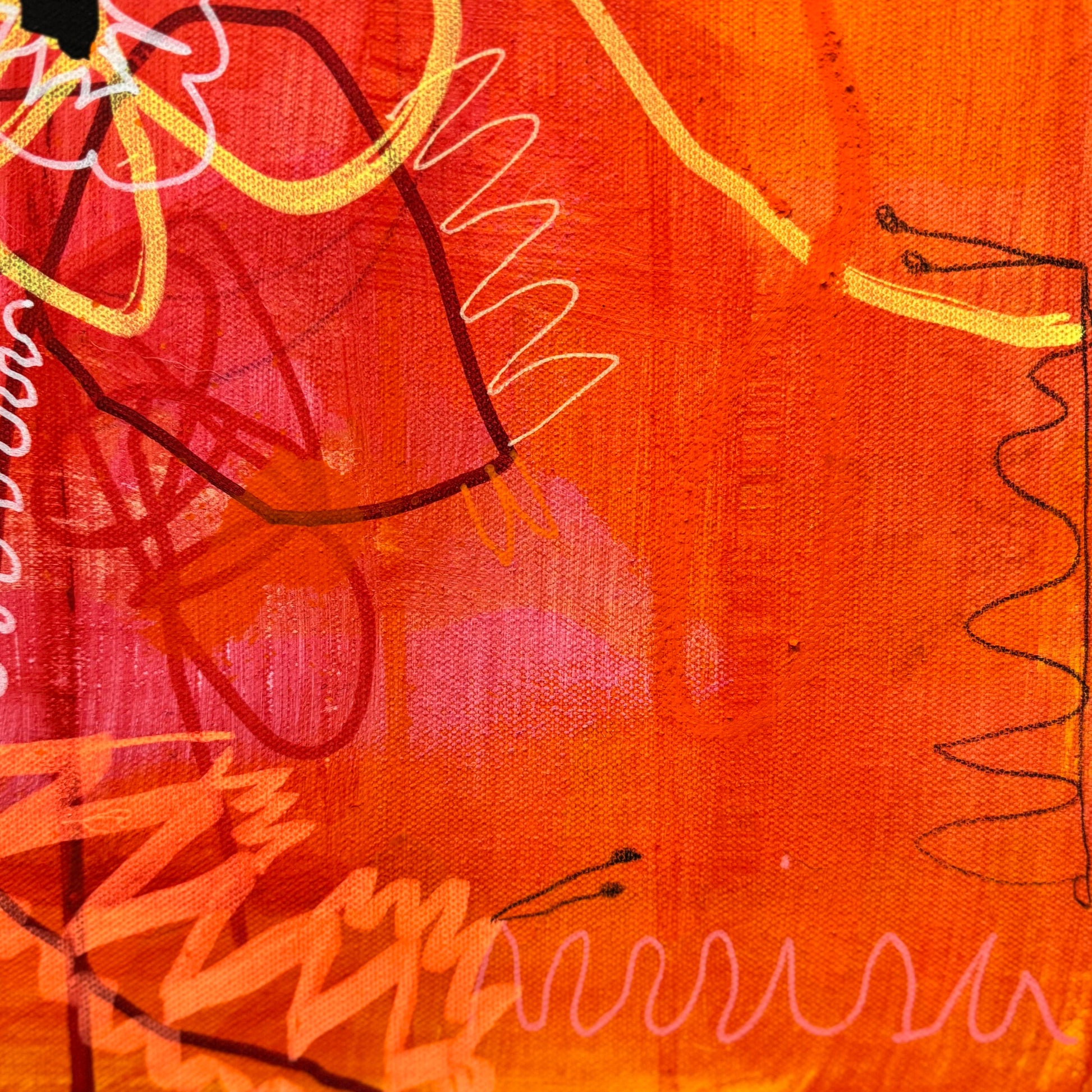 Bright, colorful abstract painting titled "She's Still In There" by Marisa Gouda, capturing childhood wonder.