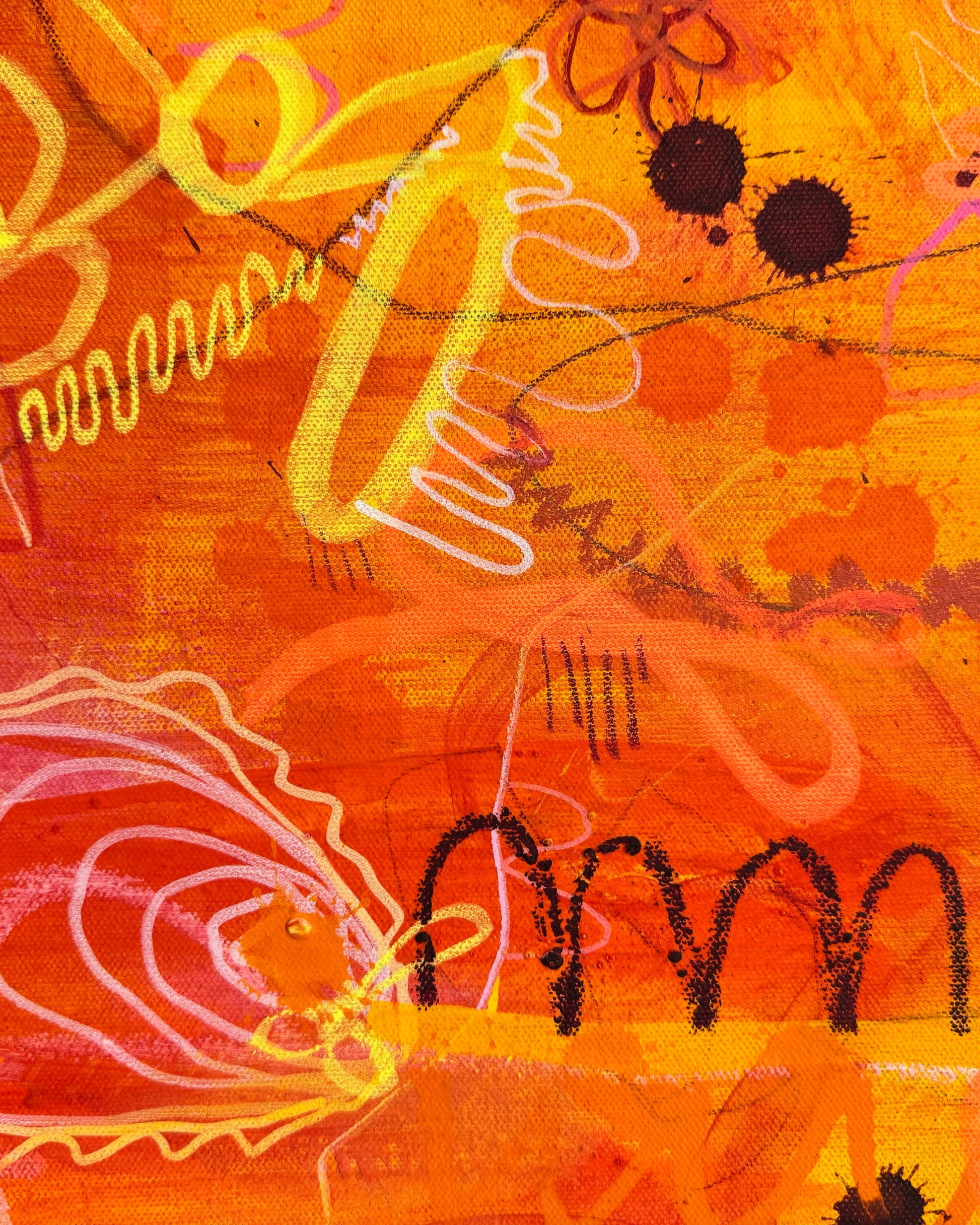 Bright, colorful abstract painting titled "She's Still In There" by Marisa Gouda, capturing childhood wonder.