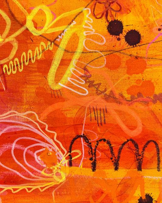 Bright, colorful abstract painting titled "She's Still In There" by Marisa Gouda, capturing childhood wonder.