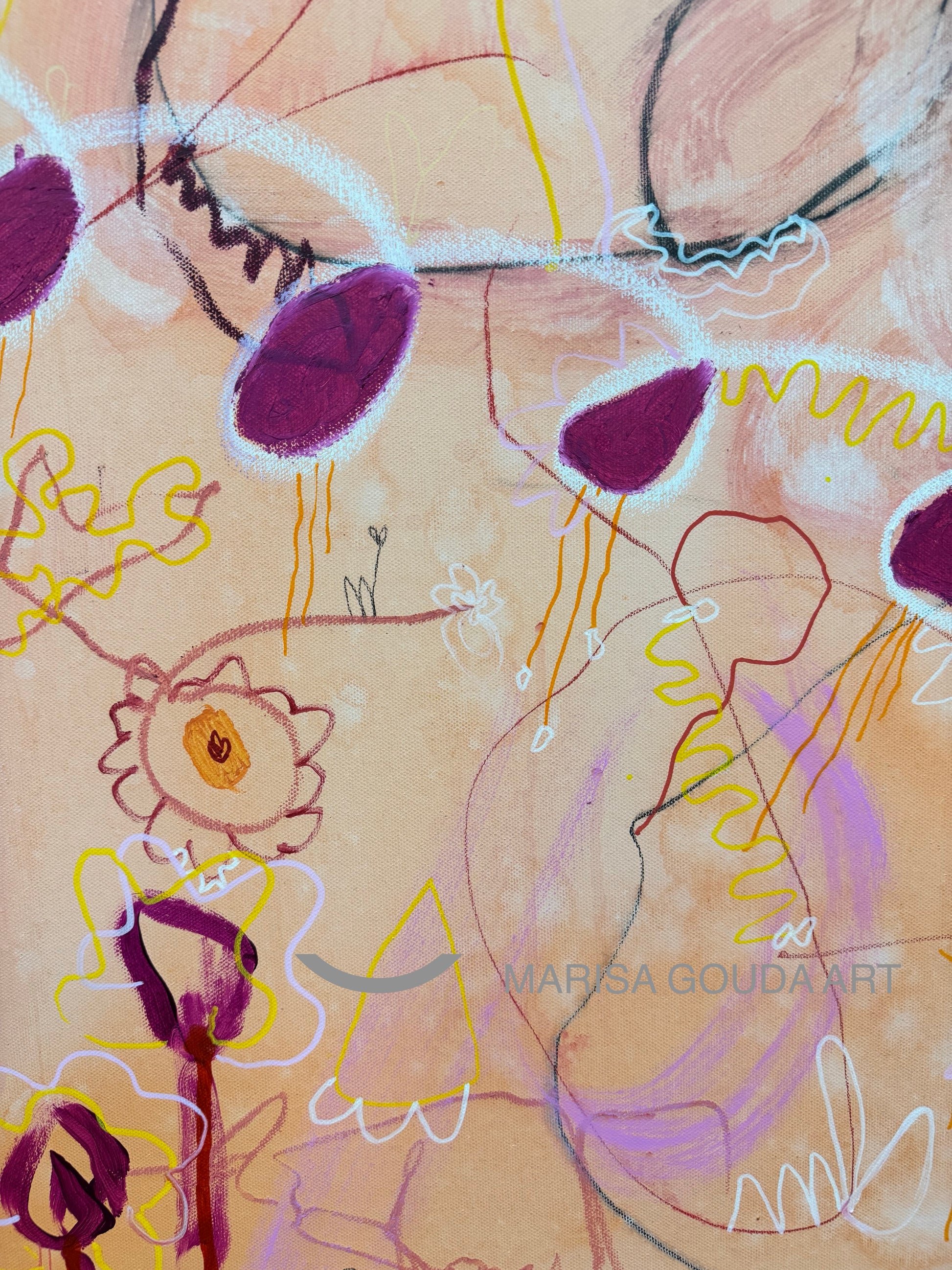 Abstract mixed media artwork titled "But Louder This Time" by Marisa Gouda, vibrant and expressive.