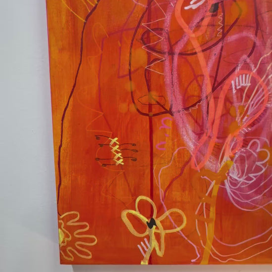 A video of the bright, colorful abstract painting titled "She's Still In There" by Marisa Gouda, capturing childhood wonder.