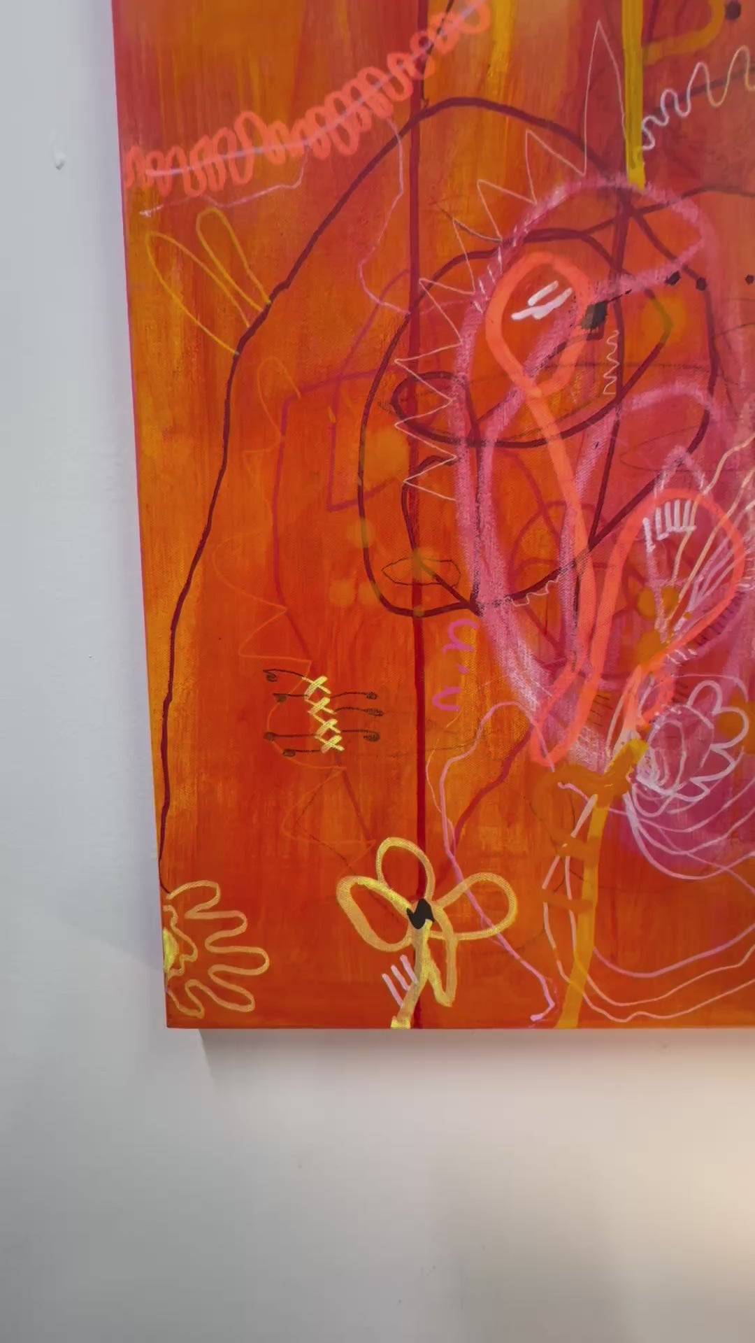 A video of the bright, colorful abstract painting titled "She's Still In There" by Marisa Gouda, capturing childhood wonder.
